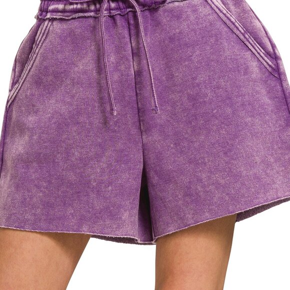 Zenana Acid Wash Fleece Drawstring Shorts with Pockets, Violet - Picture 2 of 3